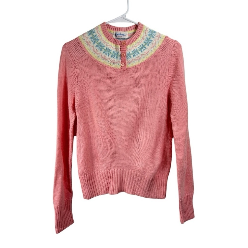 Vintage 70s Garland Size XS/S Pastel Pink Fair Isle Sweater 3 Button Neck